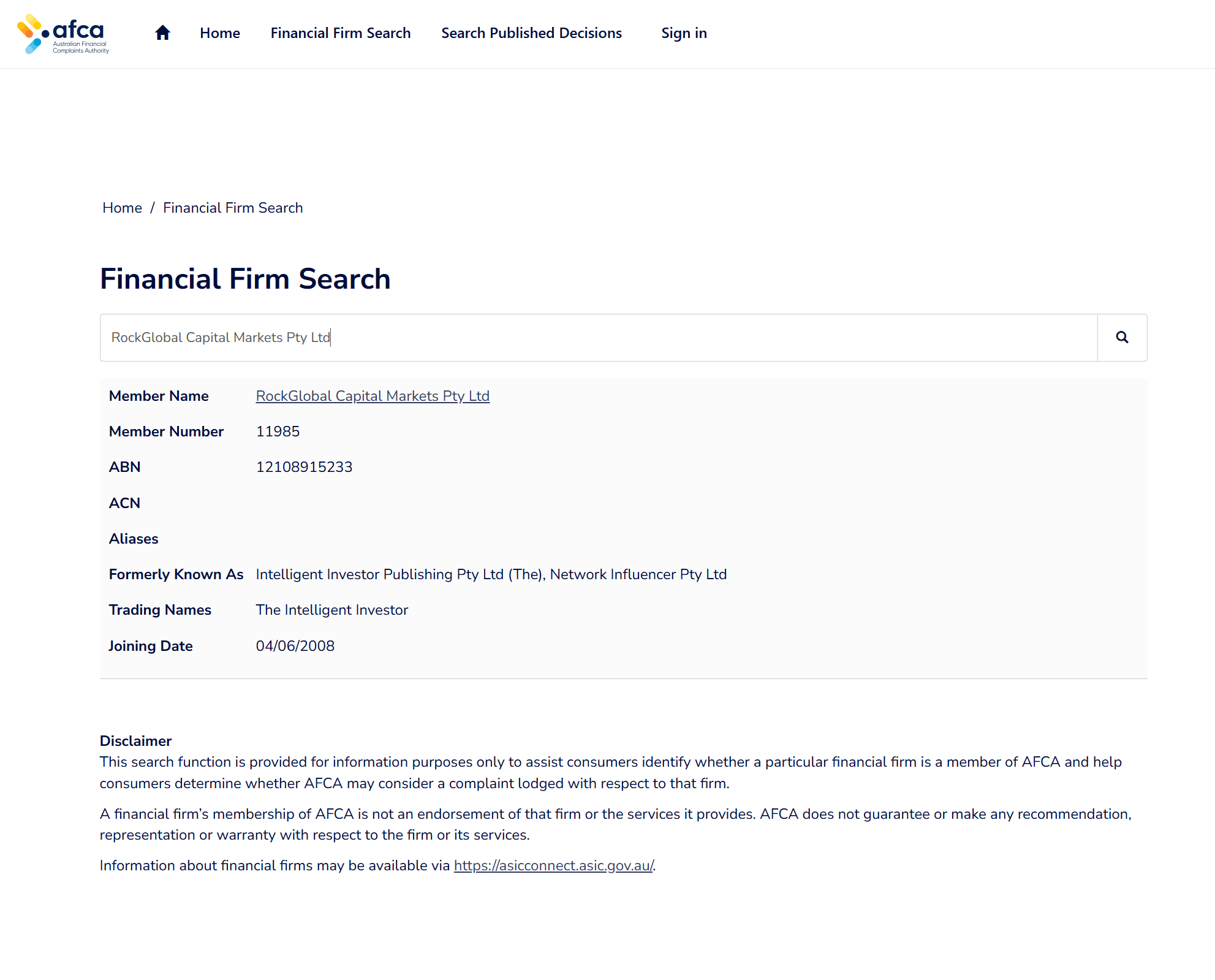 AFCA search result screenshot 1