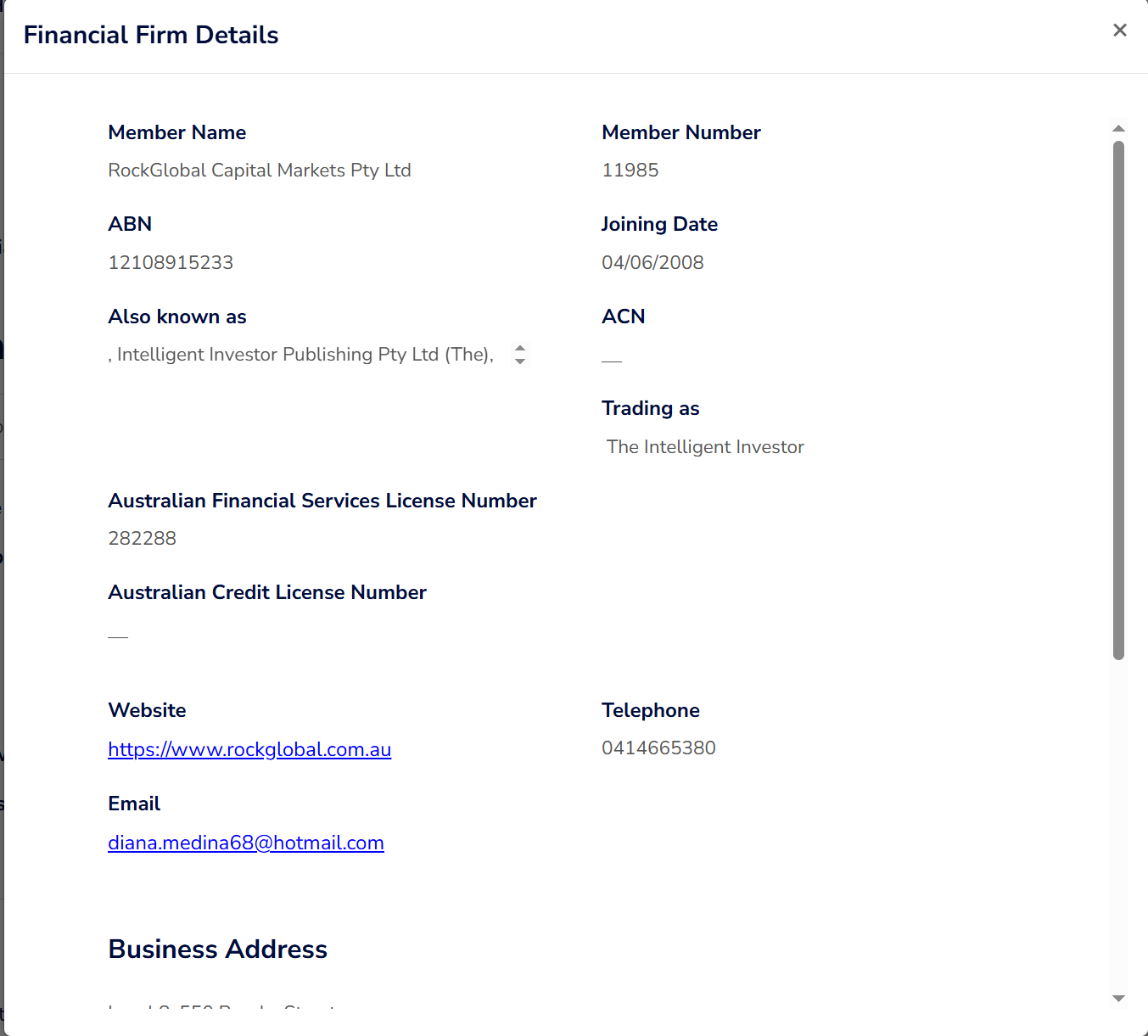 AFCA search result screenshot 2